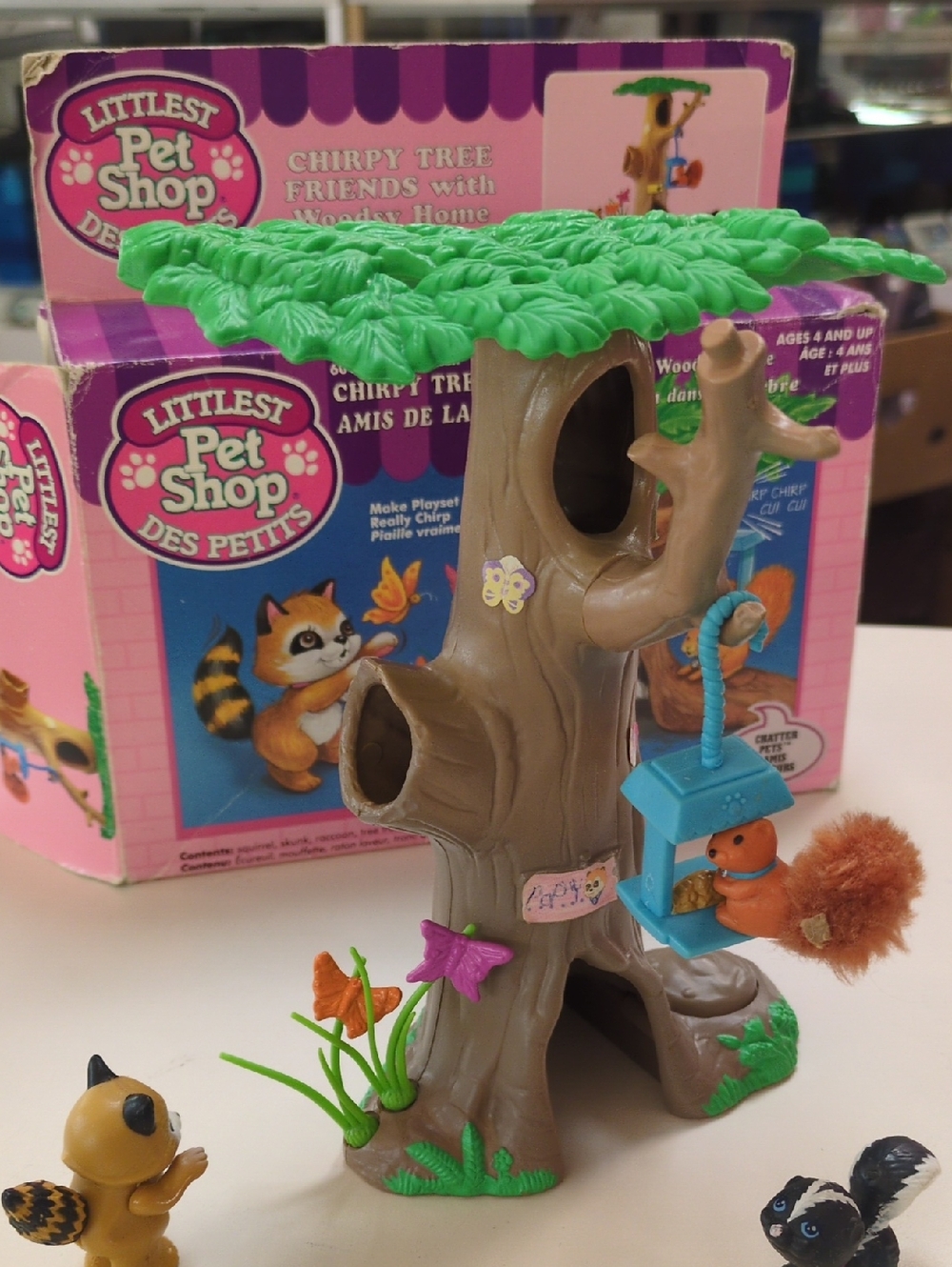 Littlest Pet Shop Brown Tree with Green Leaves and Blue Feeder